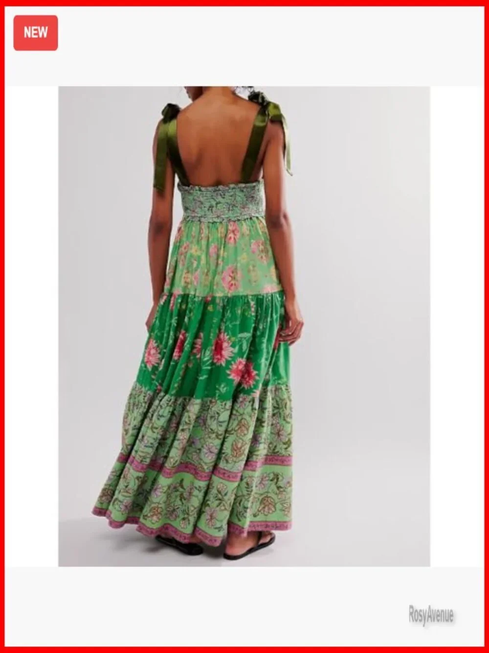 Women's Maxi Dress with Pockets, Smocked Bodice, Tie Shoulder Straps, Boho